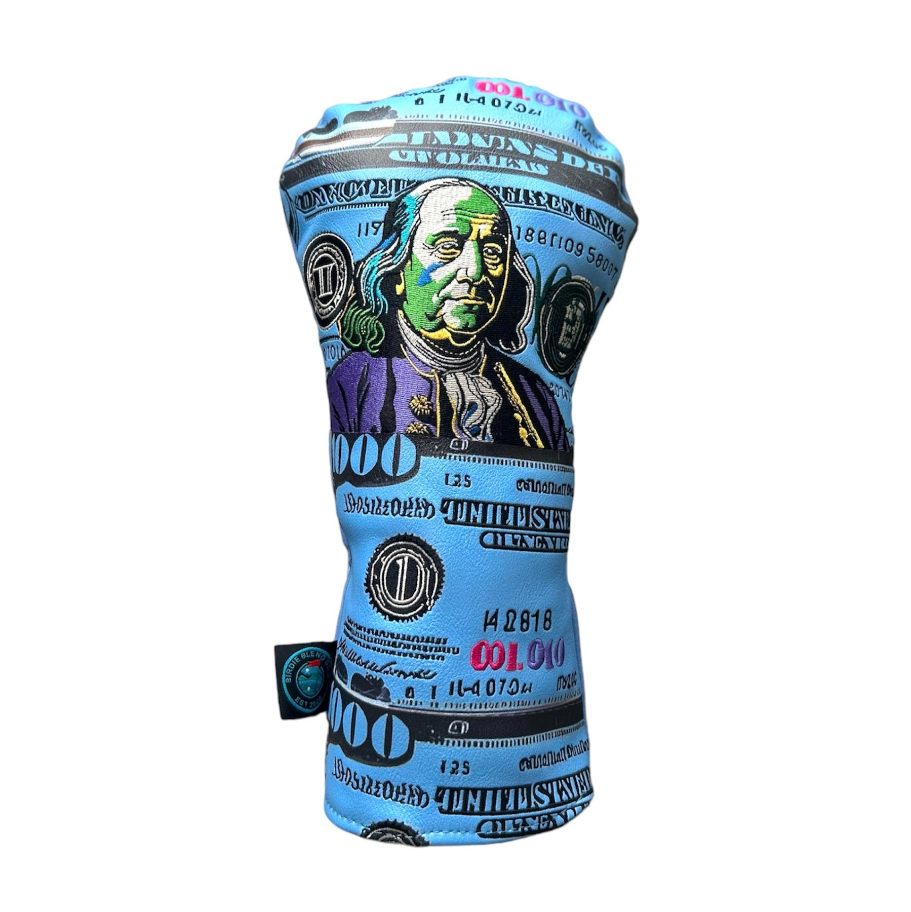 Golf club head cover with Benjamin Franklin design on a white background