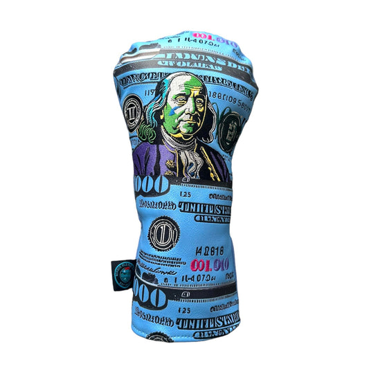 Golf club head cover with Benjamin Franklin design on a white background